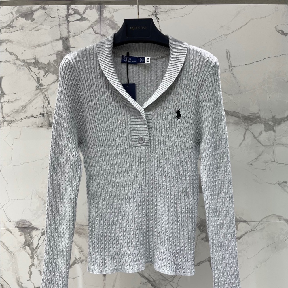 Polo by Ralph Lauren Light Gray Cable-Knit Shawl-Collar Turtleneck Sweater
